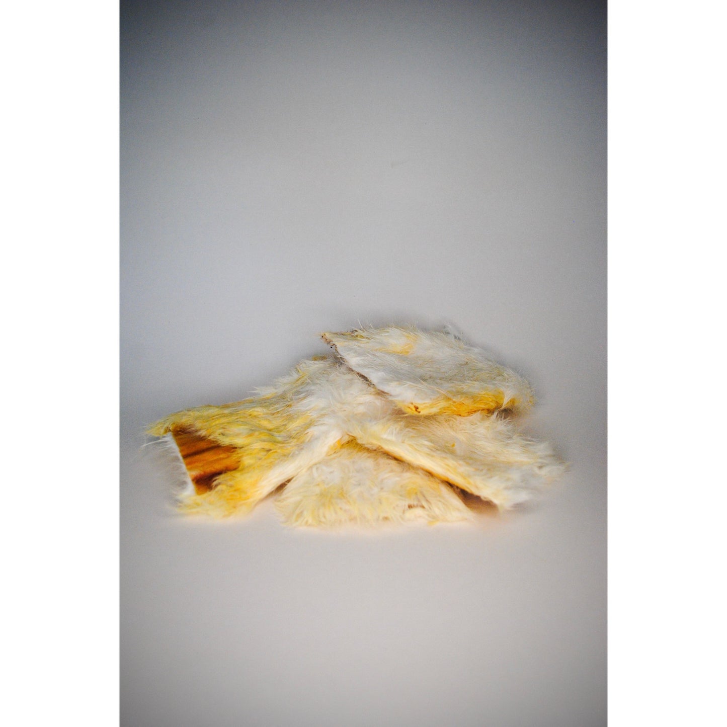 Stack of hairy dried rabbit skin, approximately 15cm on a grey background