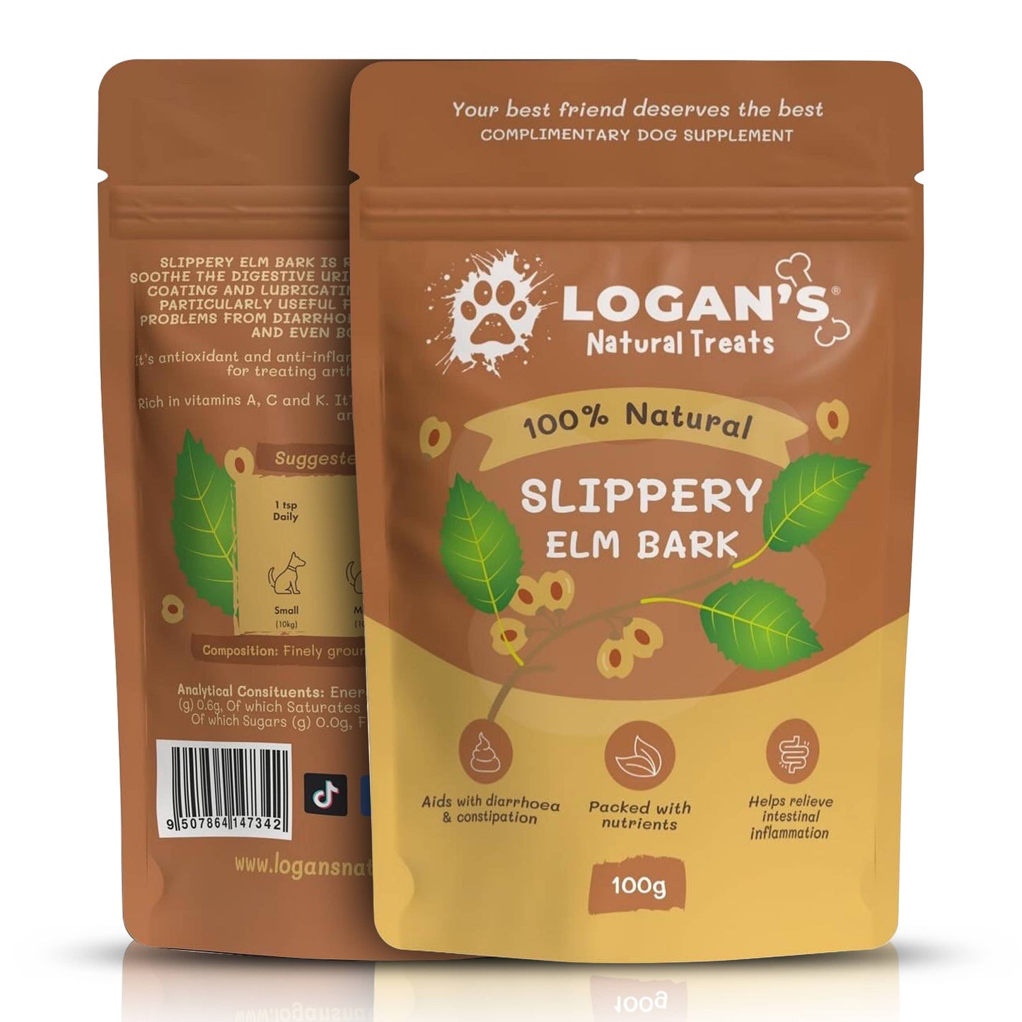 Logan's Natural Treats Slippery Elm Bark packaging on a white background