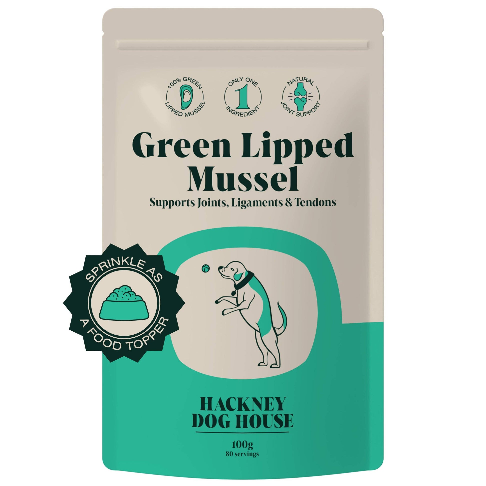 Dog food supplement package for green lipped mussel by Hackney Dog House on a beige and teal background