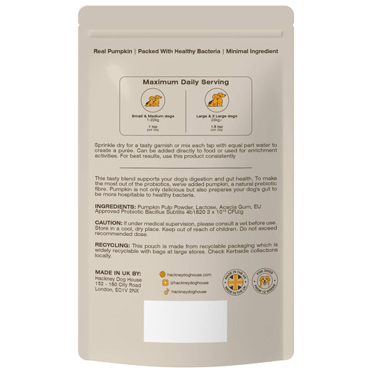 Dog food packaging with text and branding on a white background