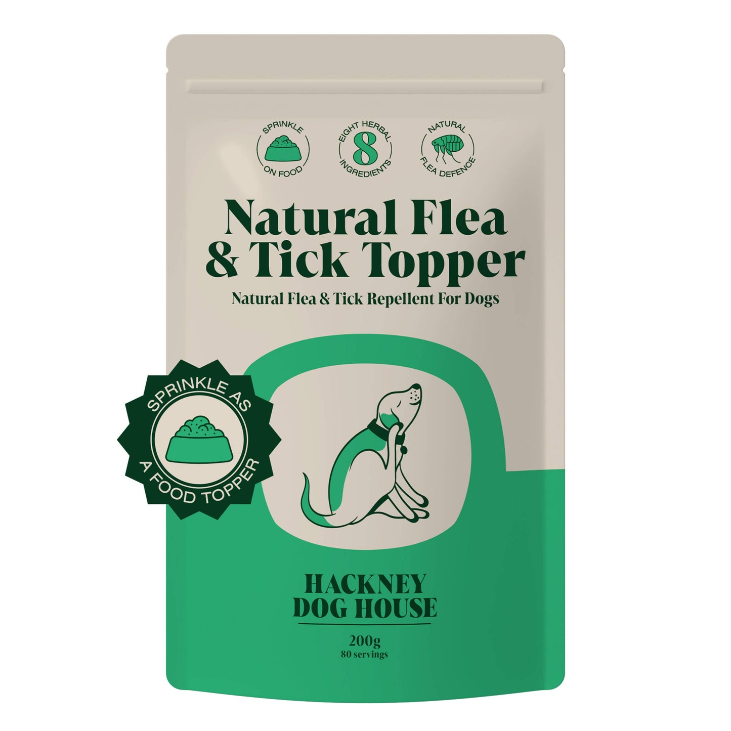 Green and beige package of Natural Flea & Tick Topper for dogs by Hackney Dog House.