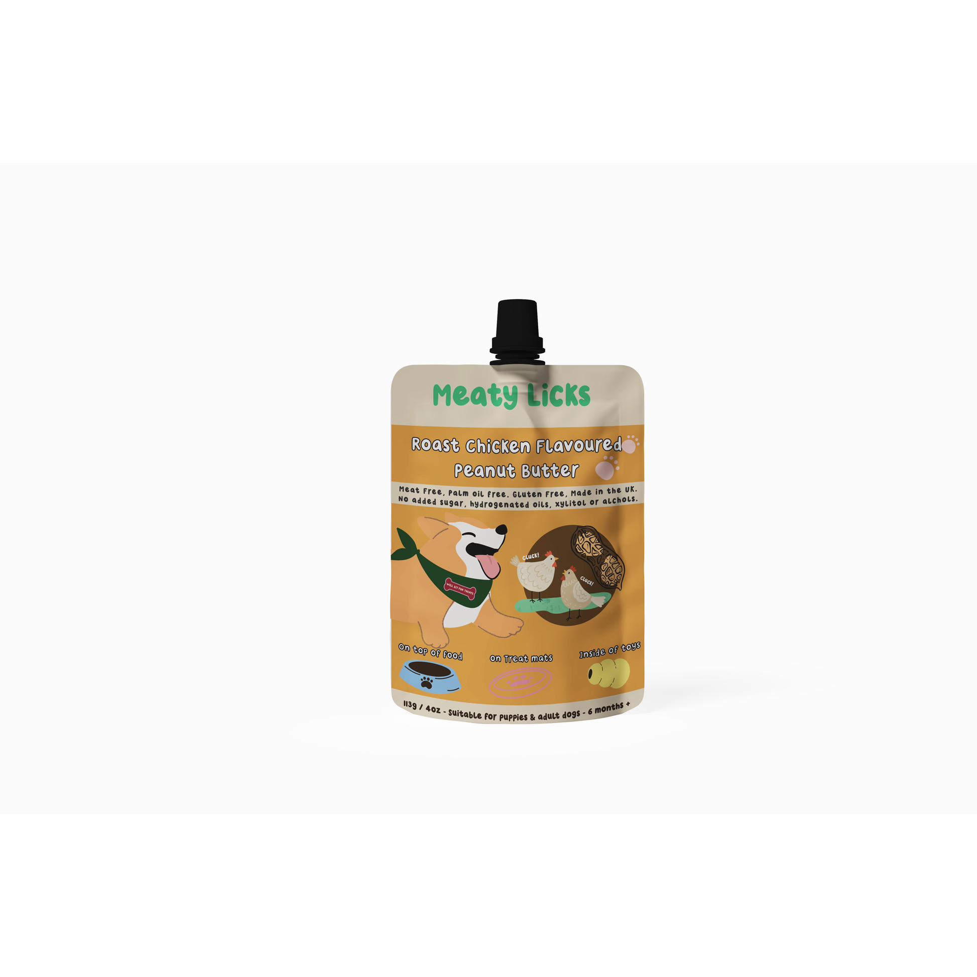 Meaty Licks peanut butter pouch for dogs on a white background