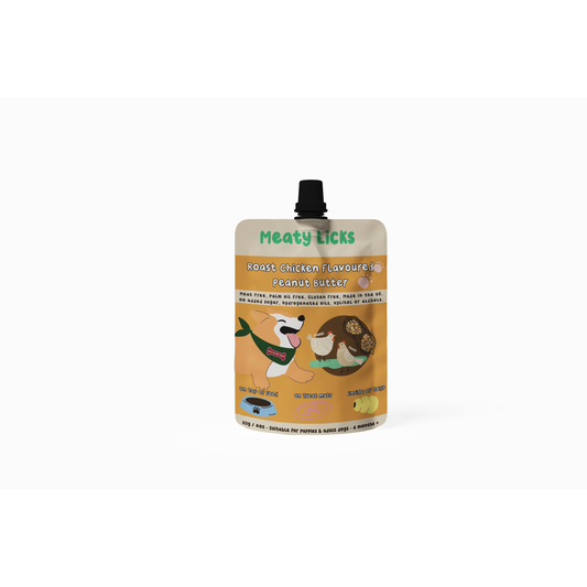 Meaty Licks peanut butter pouch for dogs on a white background