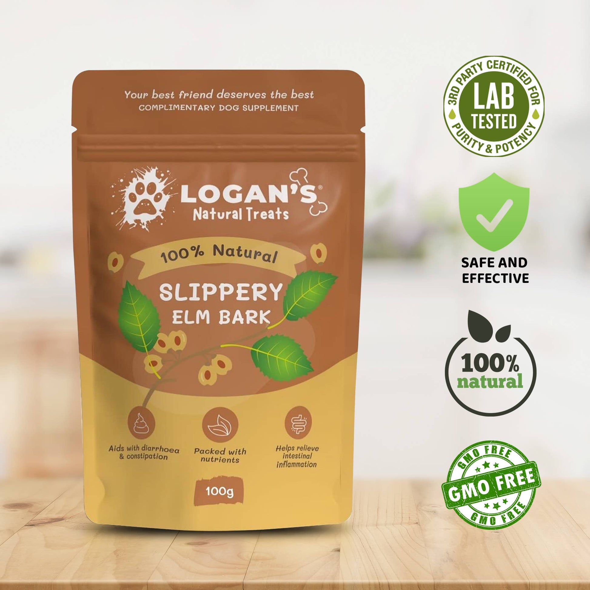 Logan's Natural Treats Slippery Elm Bark packaging on a wooden surface with certification logos.