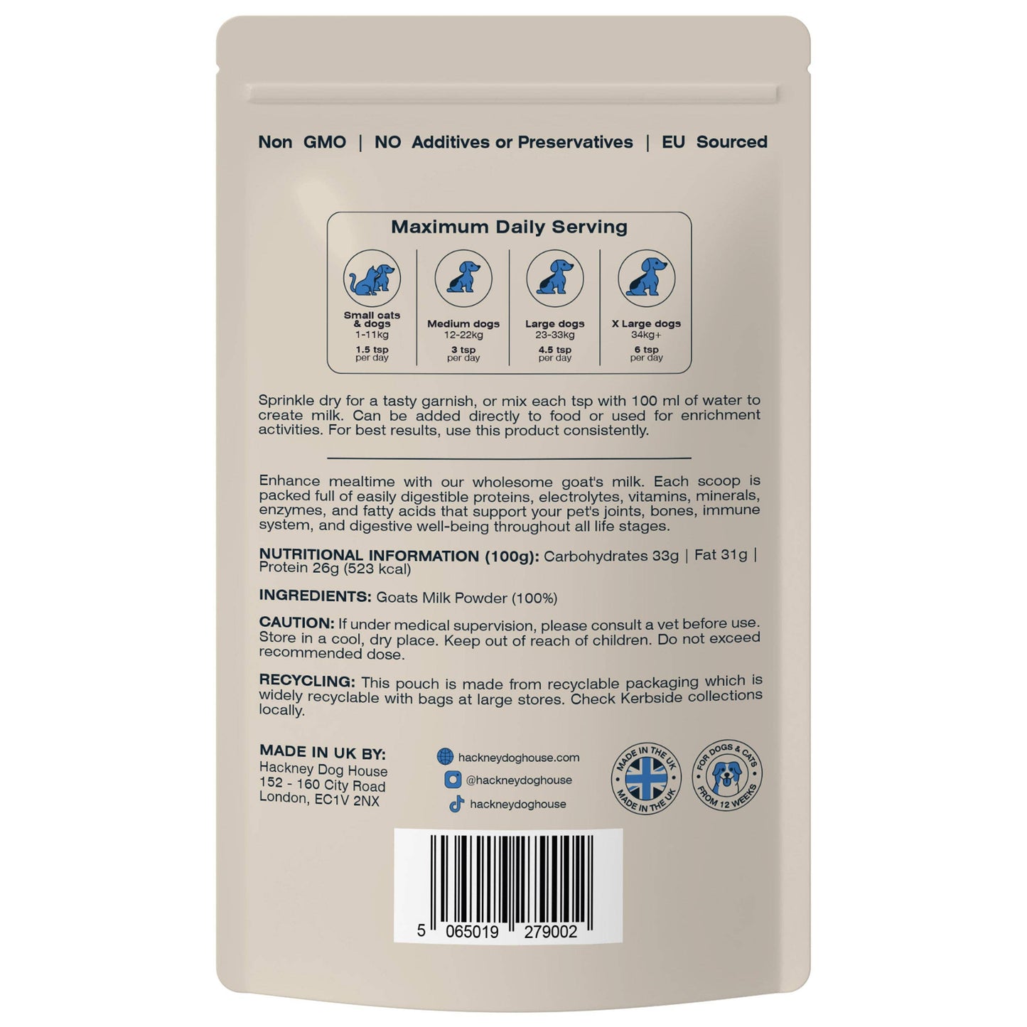 Back of a pet food packaging with text and icons on a beige background