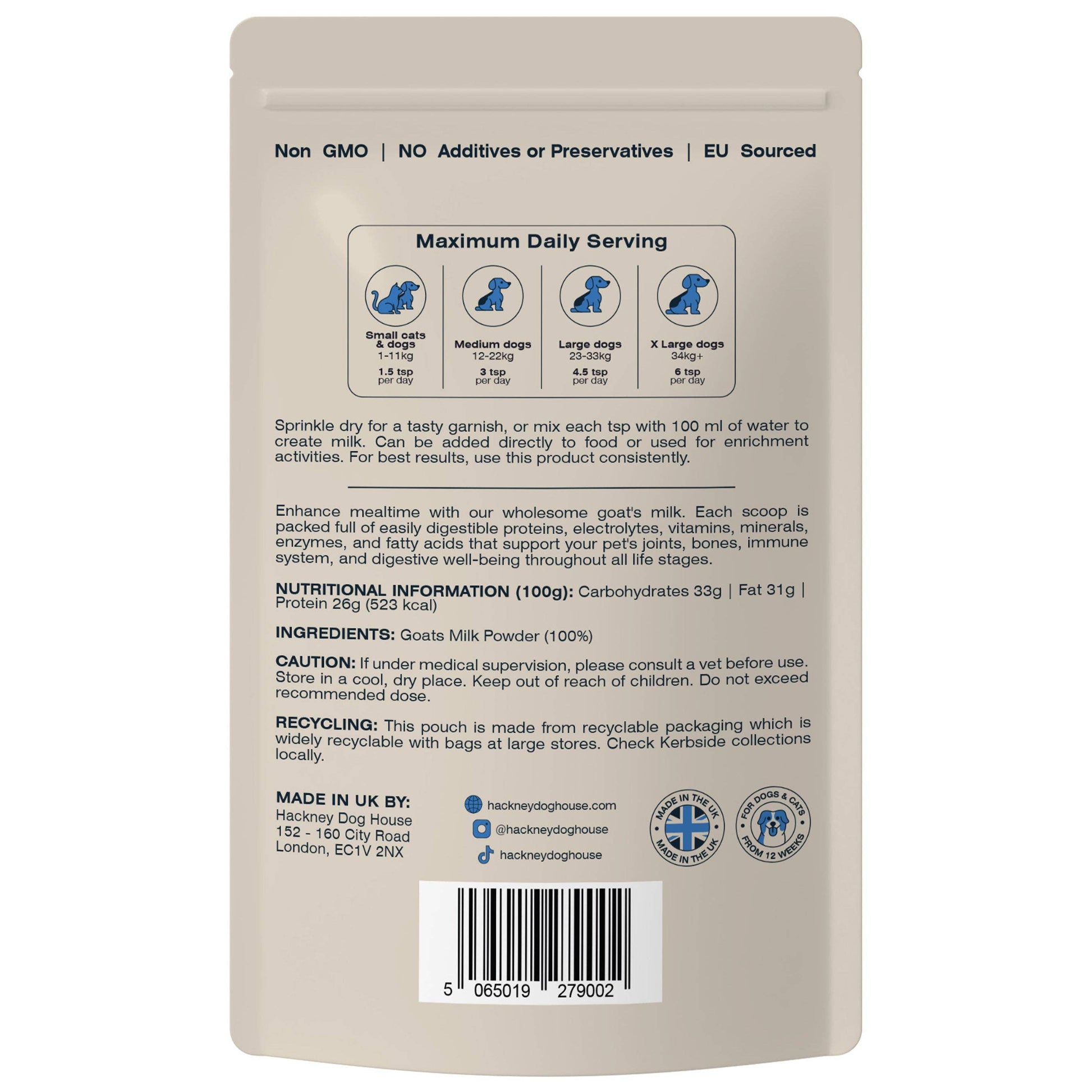 Back of a pet food packaging with text and icons on a beige background