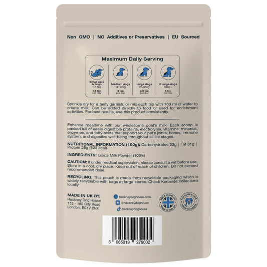 Back of a pet food packaging with text and icons on a beige background