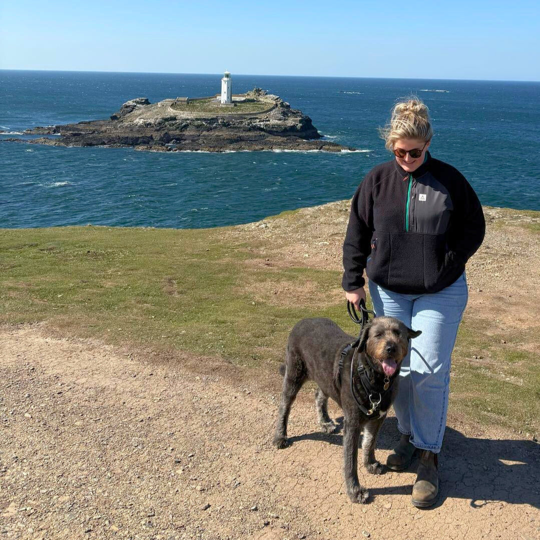 Person walking a dog on a path with an island and lighthouse in the background