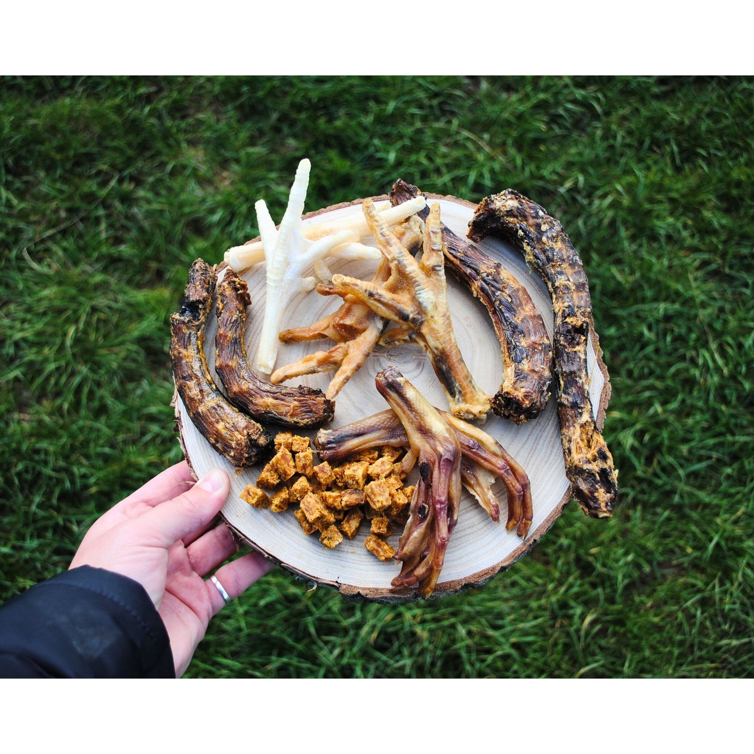 Platter of food items including what appears to be dried fish and possibly other ingredients, held over a grassy background.