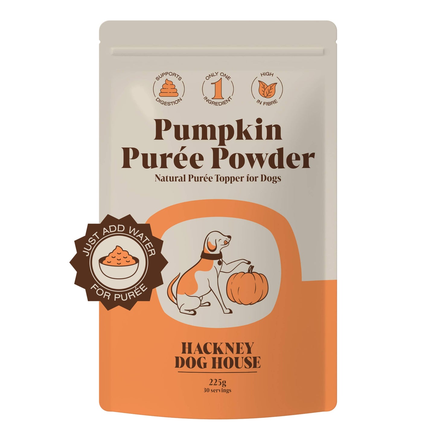Package of Hackney Dog House Pumpkin Puree Powder for dogs on a white background
