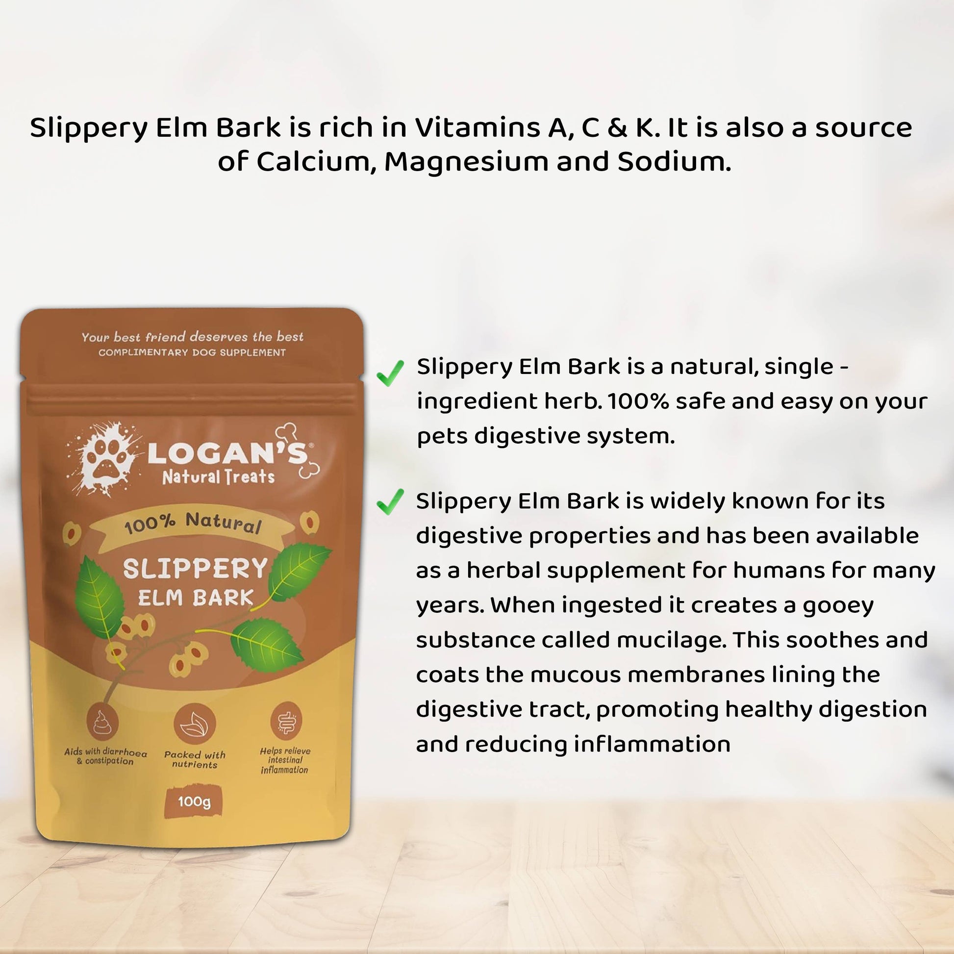 Logan's Natural Teats Slippery Elm Bark supplement packaging with product details on a wooden surface.