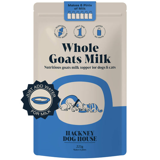 Packaging of Hackney Dog House Whole Goats Milk for dogs and cats on a beige and blue background